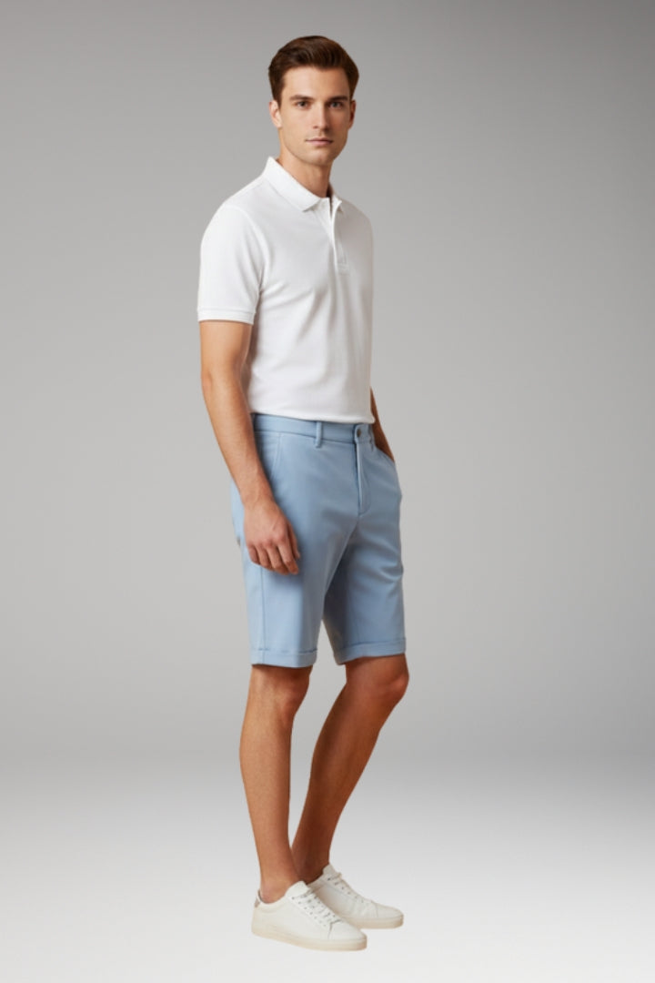 Men's Slim Fit Shorts with Button and Zip Fastening and Turn-Up Hems