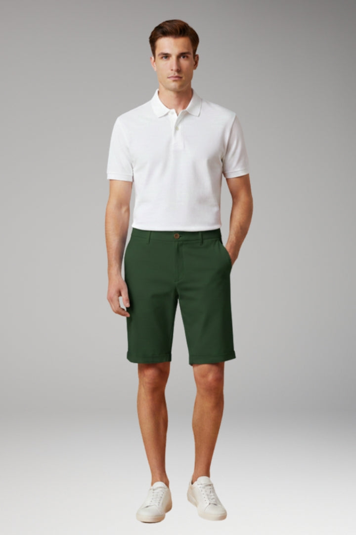 Men's Slim Fit Shorts with Button and Zip Fastening and Turn-Up Hems