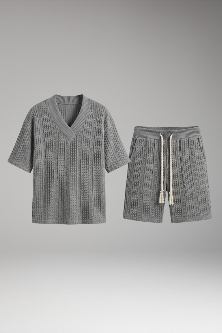 Men’s Summer Knit Set with V-Neck Top and Matching Shorts