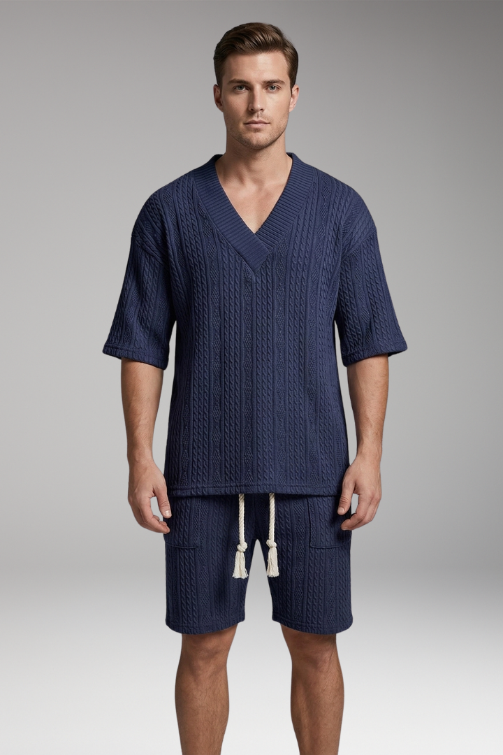 Men’s Summer Knit Set with V-Neck Top and Matching Shorts