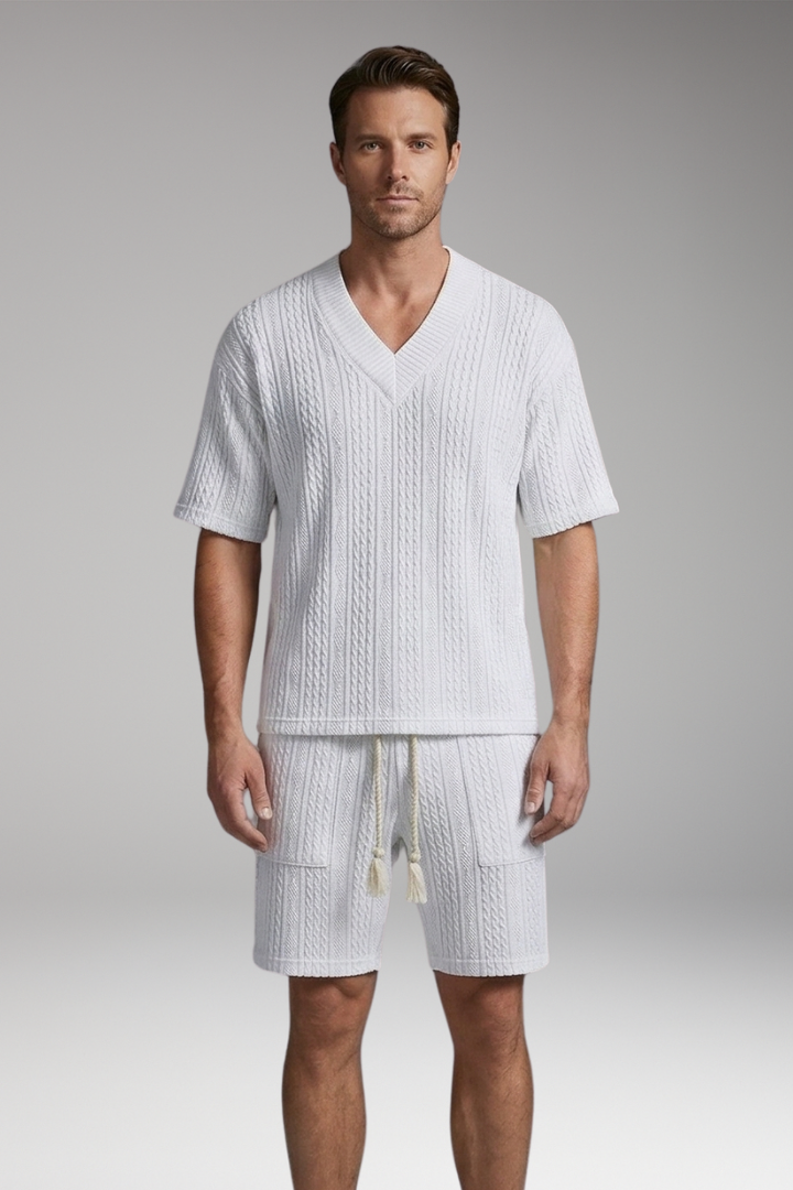 Men’s Summer Knit Set with V-Neck Top and Matching Shorts