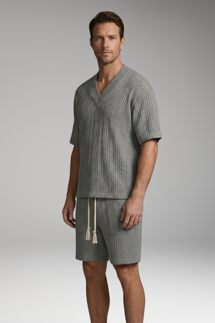 Men’s Summer Knit Set with V-Neck Top and Matching Shorts
