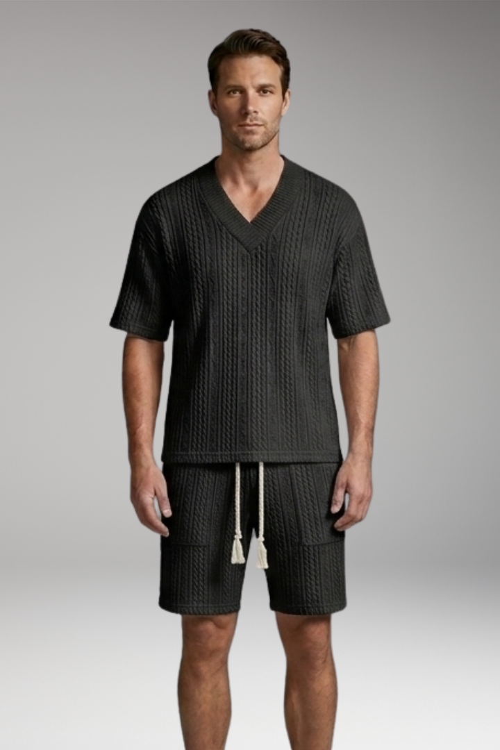 Men’s Summer Knit Set with V-Neck Top and Matching Shorts