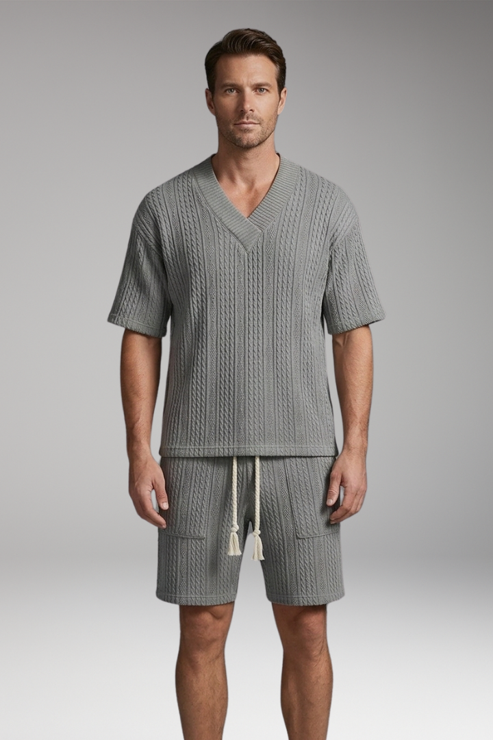 Men’s Summer Knit Set with V-Neck Top and Matching Shorts