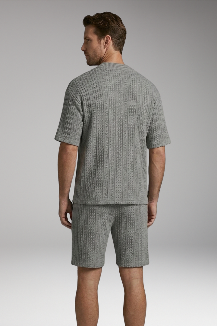 Men’s Summer Knit Set with V-Neck Top and Matching Shorts