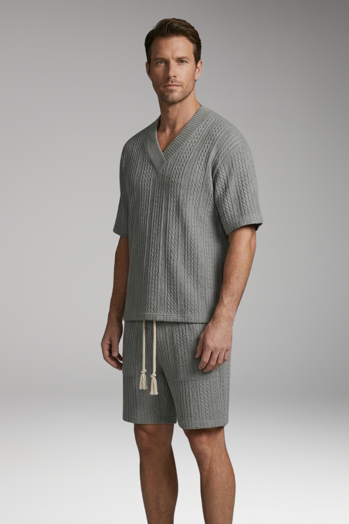 Men’s Summer Knit Set with V-Neck Top and Matching Shorts
