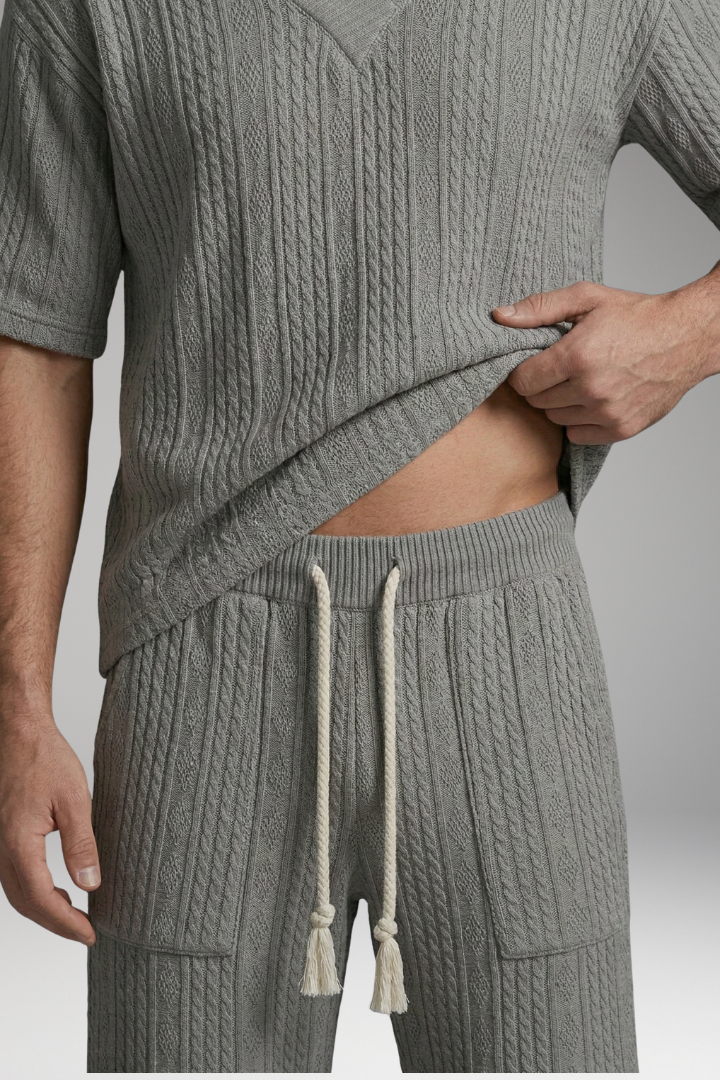 Men’s Summer Knit Set with V-Neck Top and Matching Shorts