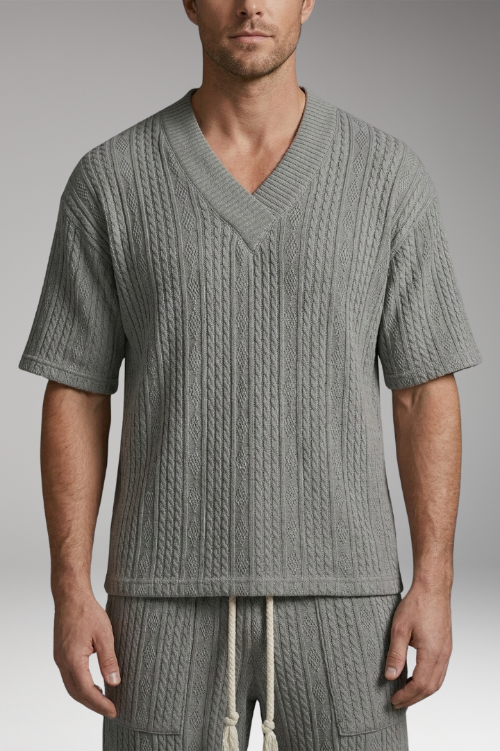 Men’s Summer Knit Set with V-Neck Top and Matching Shorts