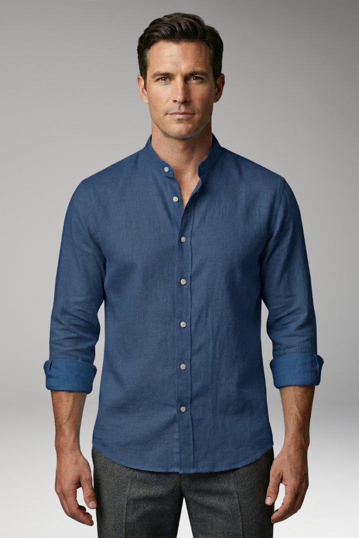 Men's Summer Shirt with Button Placket and Stand-Up Collar