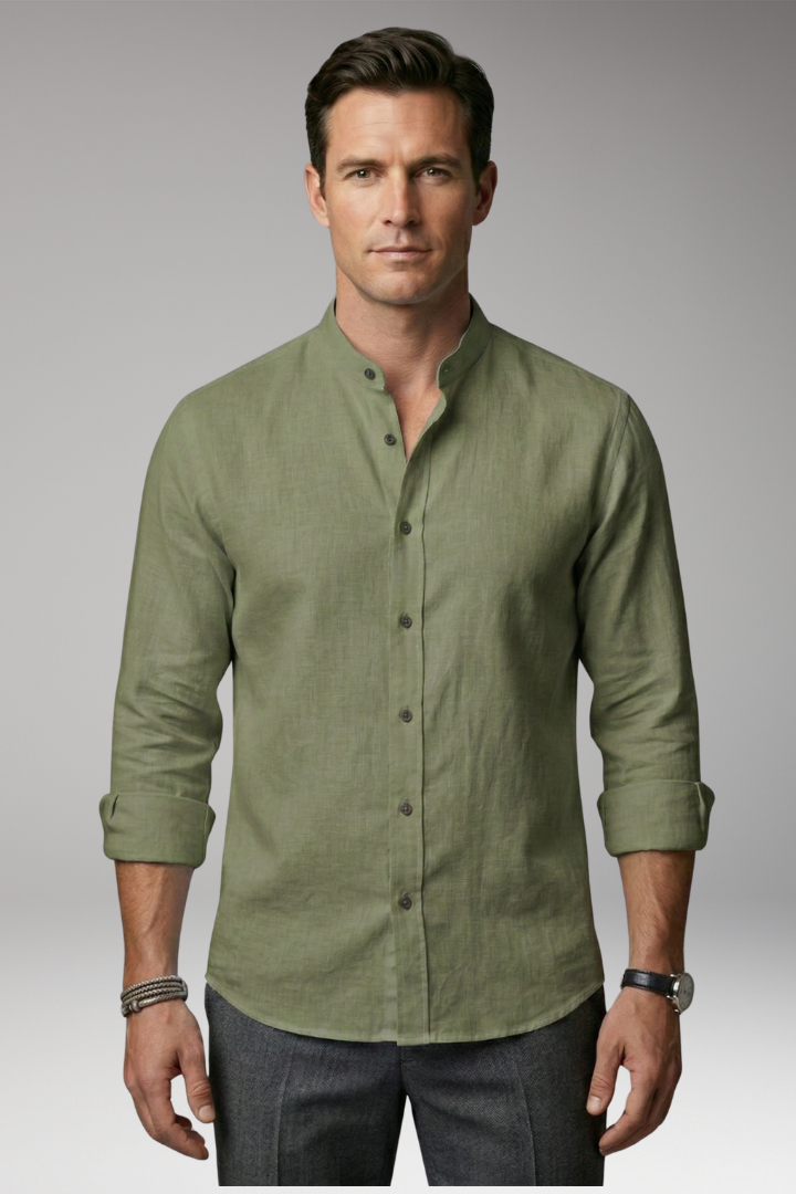 Men's Summer Shirt with Button Placket and Stand-Up Collar