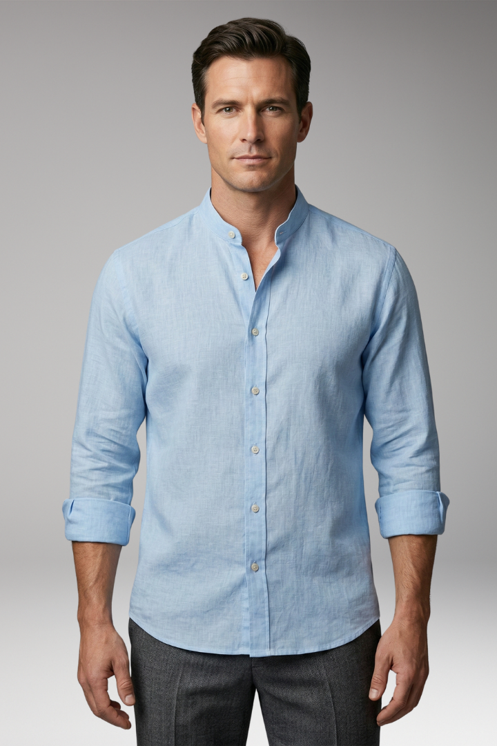 Men's Summer Shirt with Button Placket and Stand-Up Collar