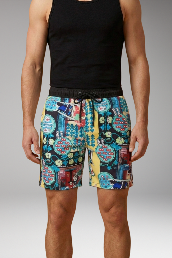 Men’s Summer Shorts with Drawstring Waistband and Vibrant Printed Design