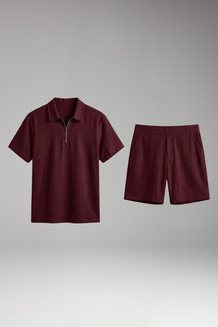 Men’s Summer Two-Piece Set with Half-Zip Shirt and Quilted Shorts