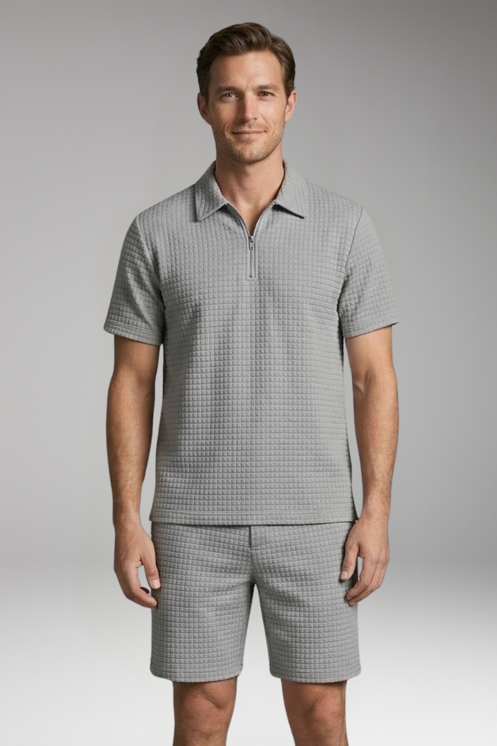 Men’s Summer Two-Piece Set with Half-Zip Shirt and Quilted Shorts
