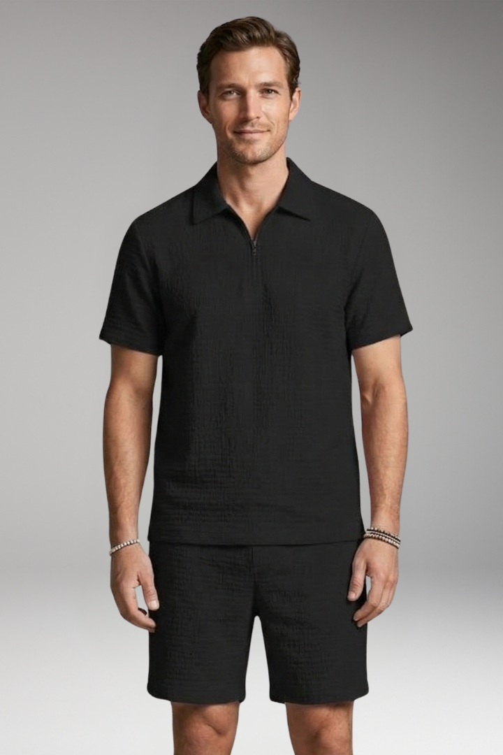 Men’s Summer Two-Piece Set with Half-Zip Shirt and Quilted Shorts