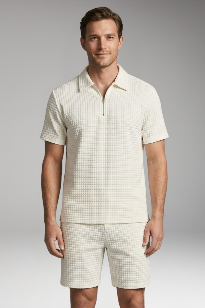 Men’s Summer Two-Piece Set with Half-Zip Shirt and Quilted Shorts