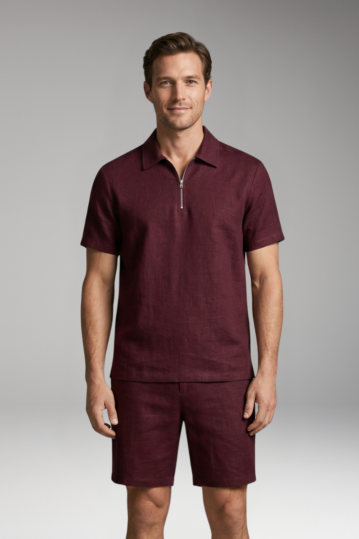 Men’s Summer Two-Piece Set with Half-Zip Shirt and Quilted Shorts