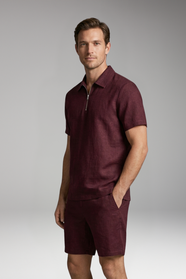 Men’s Summer Two-Piece Set with Half-Zip Shirt and Quilted Shorts