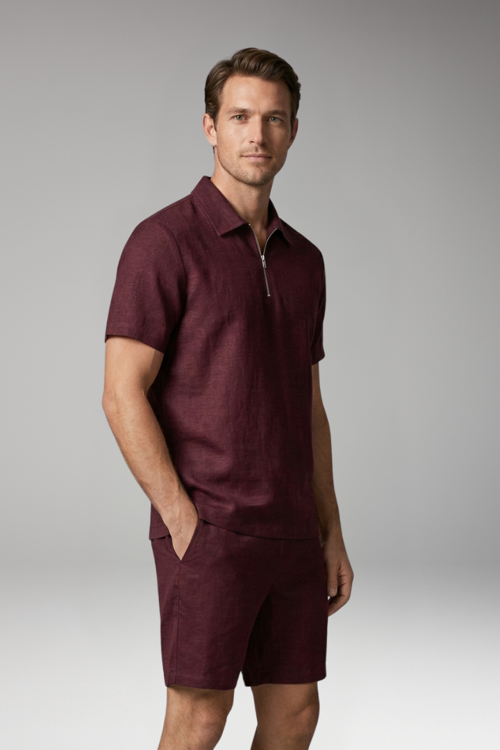 Men’s Summer Two-Piece Set with Half-Zip Shirt and Quilted Shorts