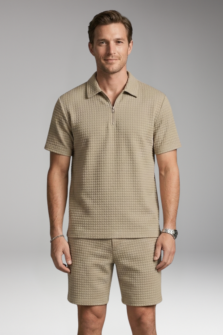 Men’s Summer Two-Piece Set with Half-Zip Shirt and Quilted Shorts