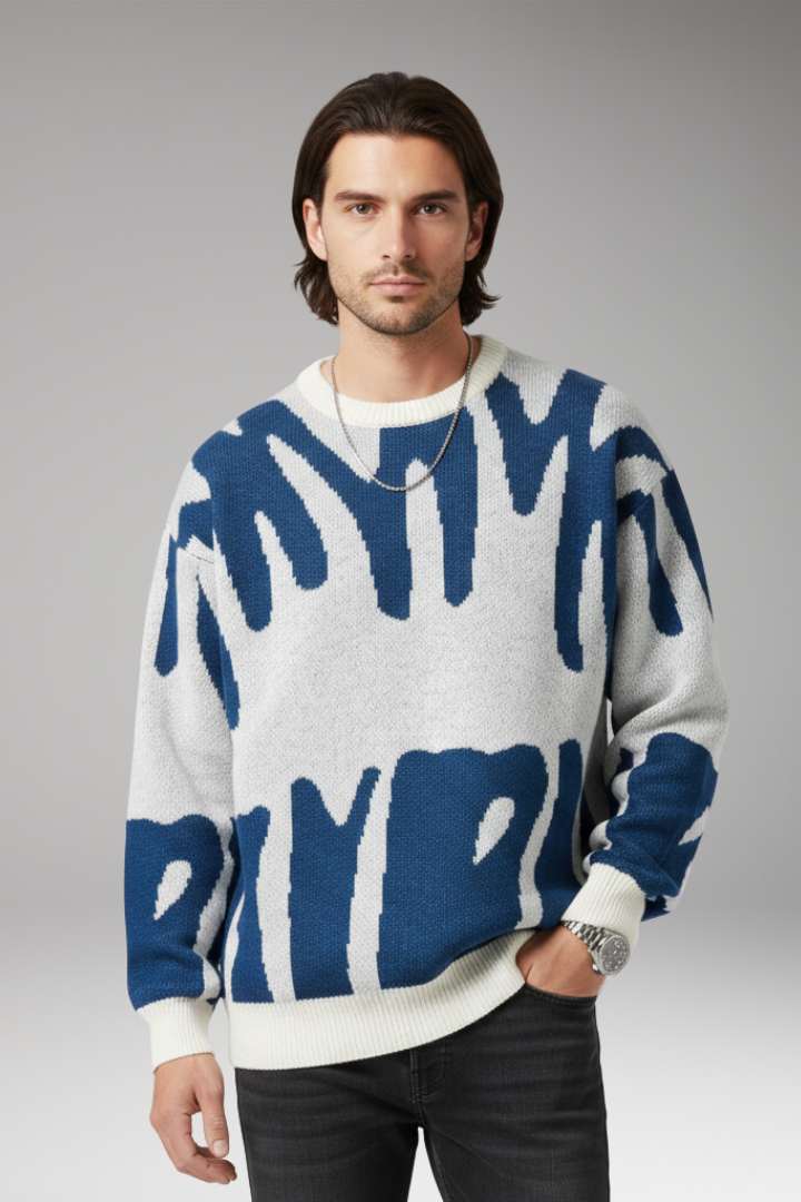 Men’s Jumper with Abstract Print and Ribbed Details