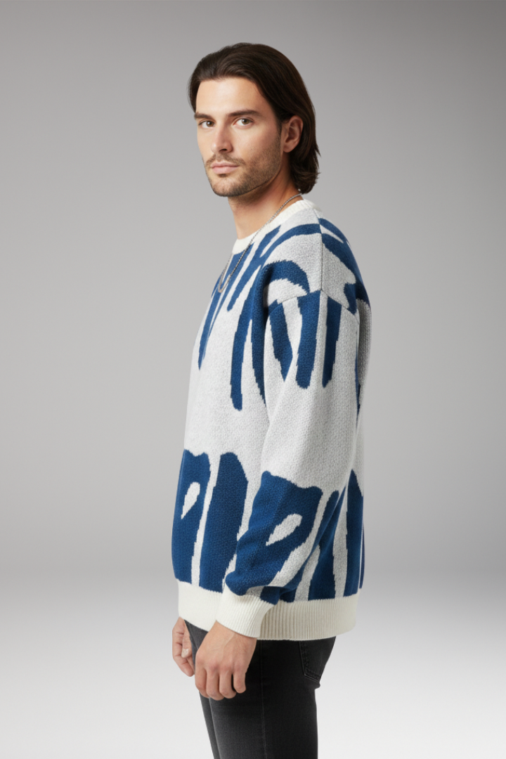 Men’s Jumper with Abstract Print and Ribbed Details