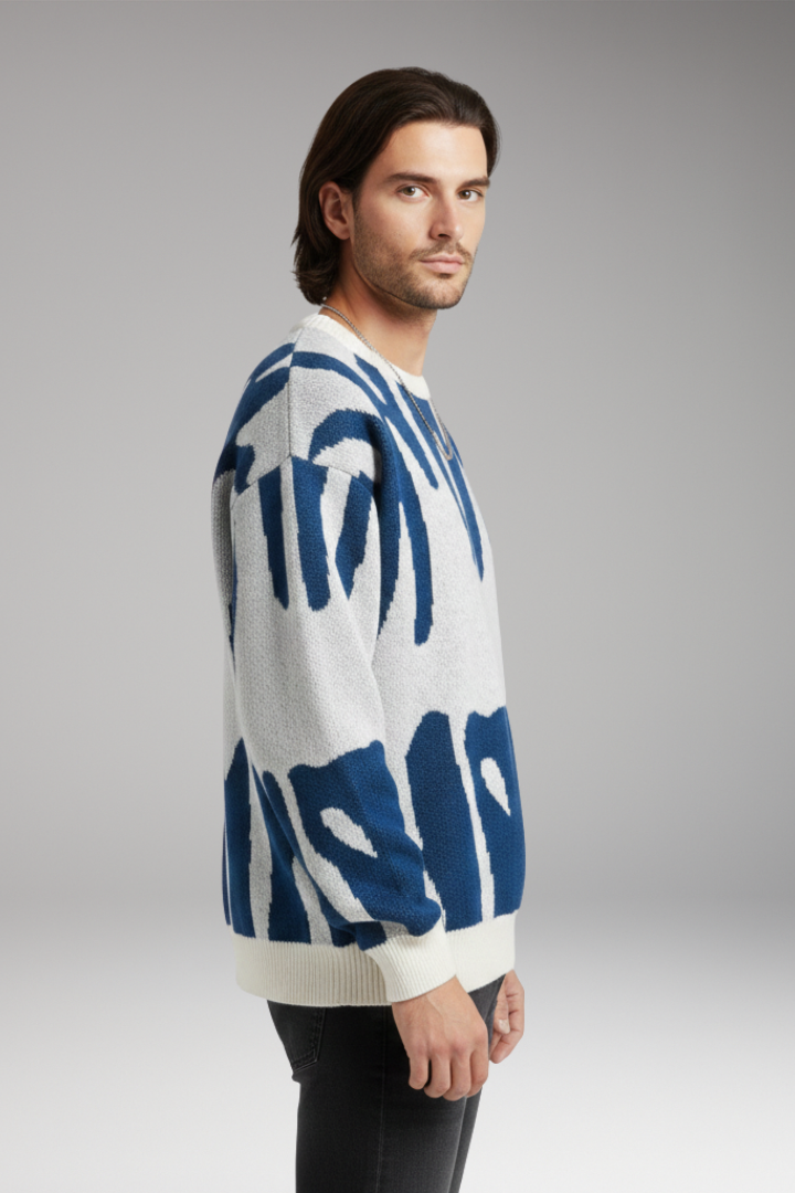 Men’s Jumper with Abstract Print and Ribbed Details