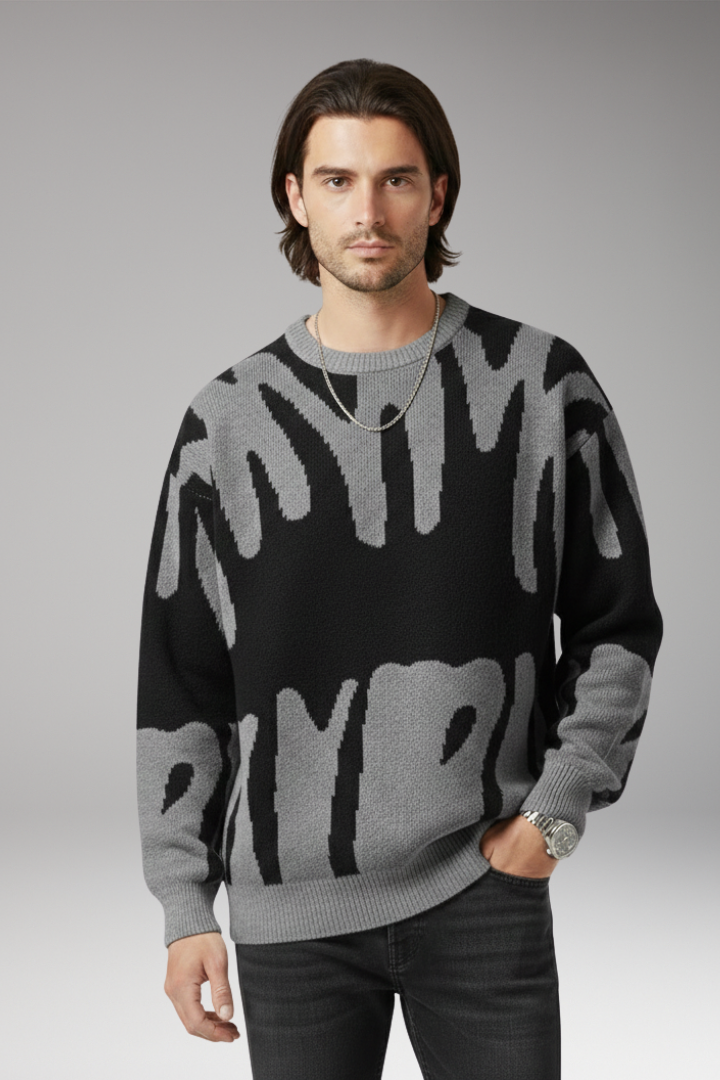 Men’s Jumper with Abstract Print and Ribbed Details