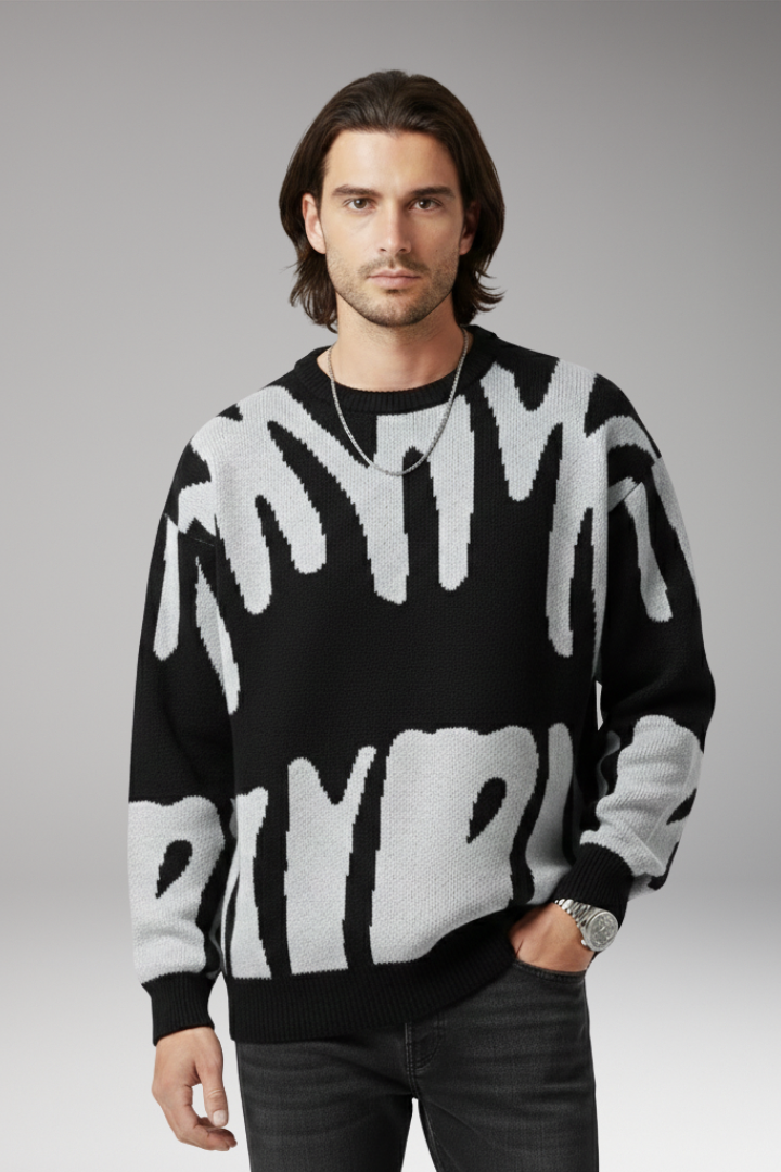 Men’s Jumper with Abstract Print and Ribbed Details