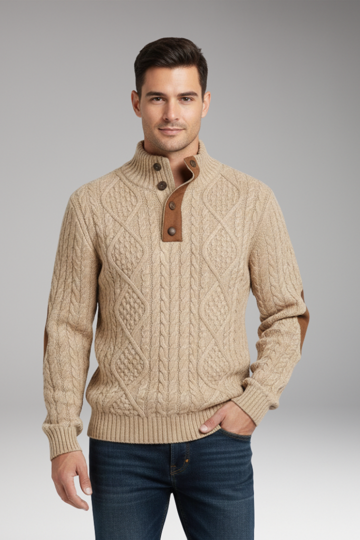 Men’s Jumper with Buttoned Collar and Elbow Patches