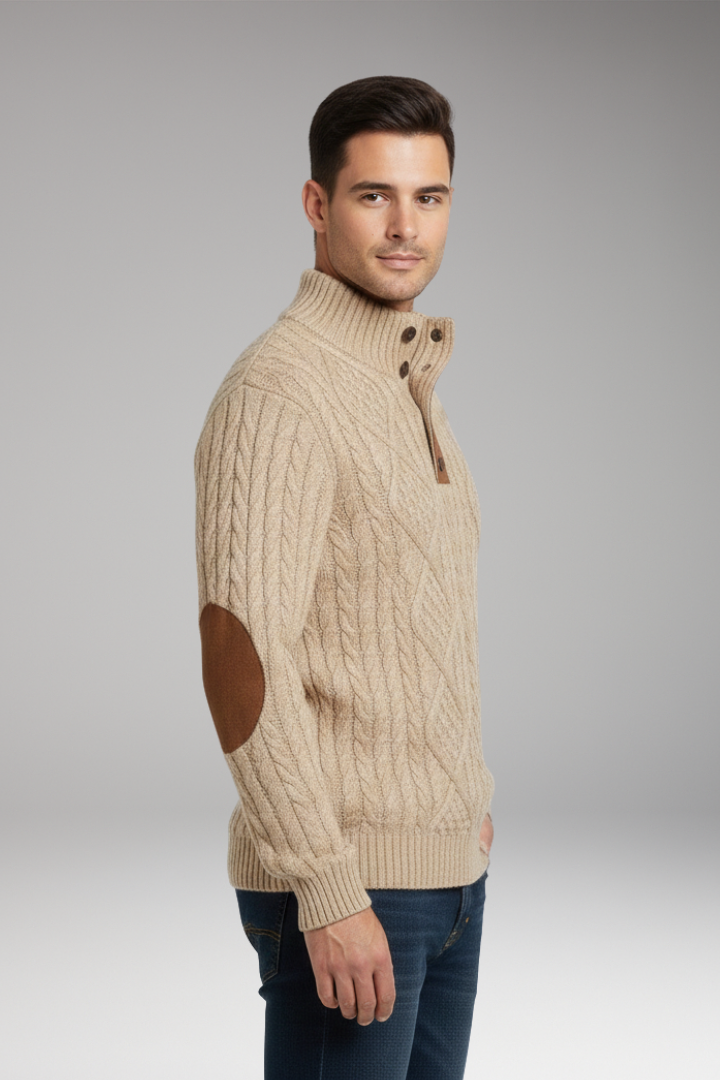 Men’s Jumper with Buttoned Collar and Elbow Patches