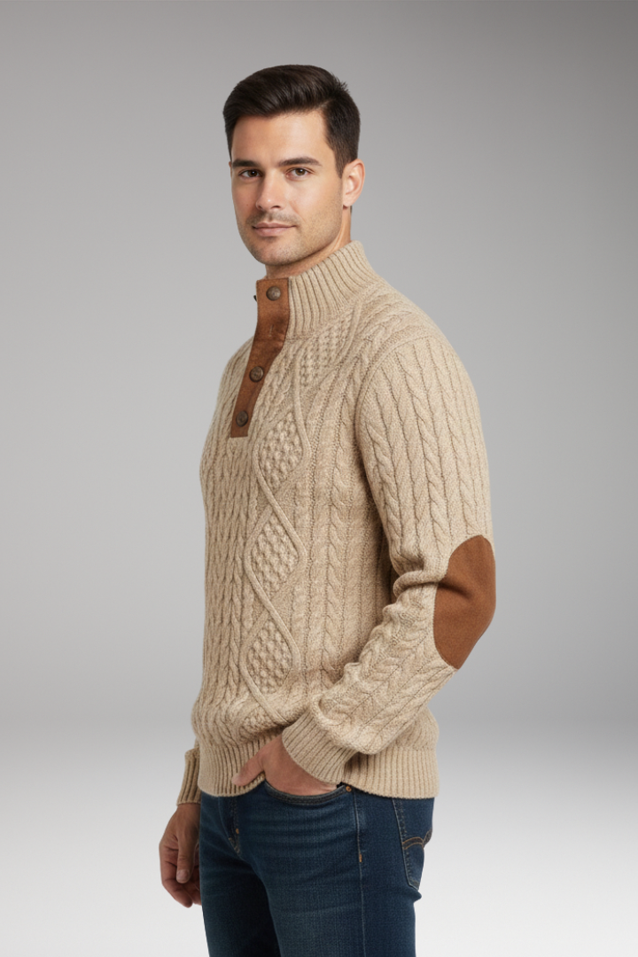 Men’s Jumper with Buttoned Collar and Elbow Patches