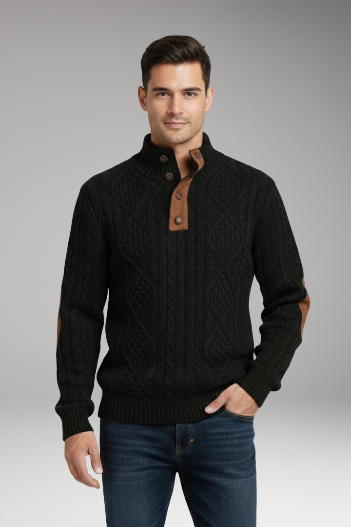 Men’s Jumper with Buttoned Collar and Elbow Patches