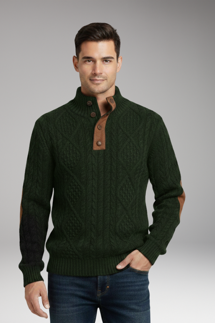Men’s Jumper with Buttoned Collar and Elbow Patches