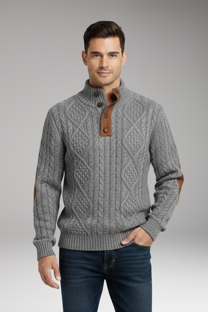 Men’s Jumper with Buttoned Collar and Elbow Patches