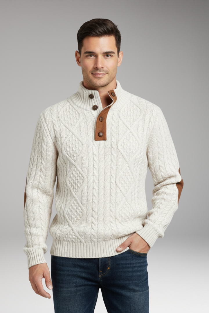 Men’s Jumper with Buttoned Collar and Elbow Patches
