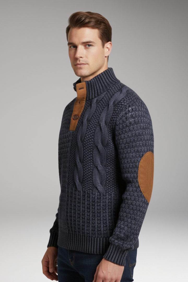 Men’s Jumper with Buttoned Neckline and Elbow Patches