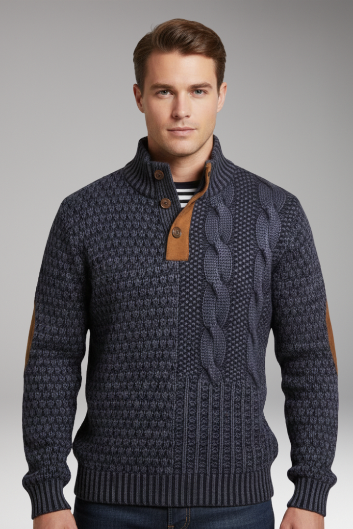 Men’s Jumper with Buttoned Neckline and Elbow Patches