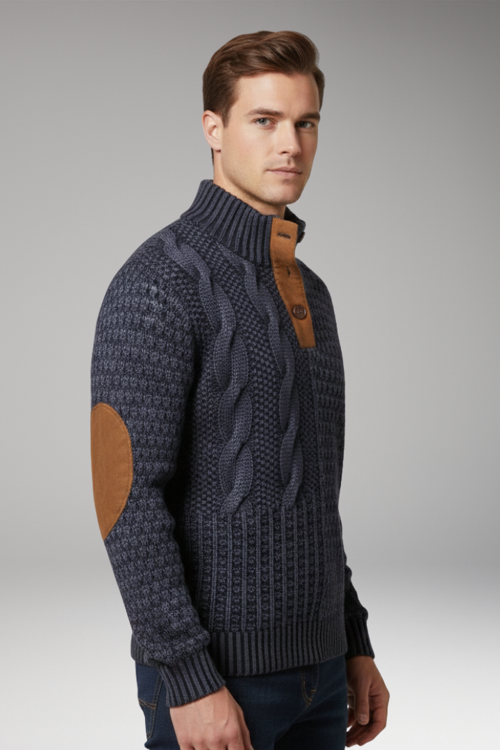 Men’s Jumper with Buttoned Neckline and Elbow Patches