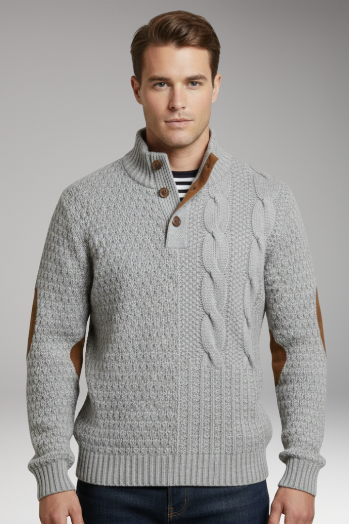 Men’s Jumper with Buttoned Neckline and Elbow Patches