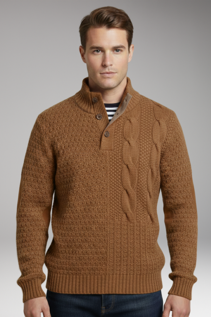 Men’s Jumper with Buttoned Neckline and Elbow Patches