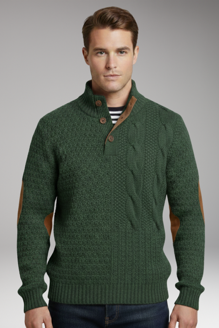 Men’s Jumper with Buttoned Neckline and Elbow Patches
