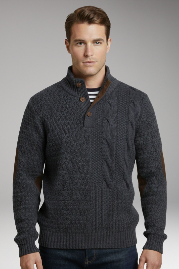 Men’s Jumper with Buttoned Neckline and Elbow Patches