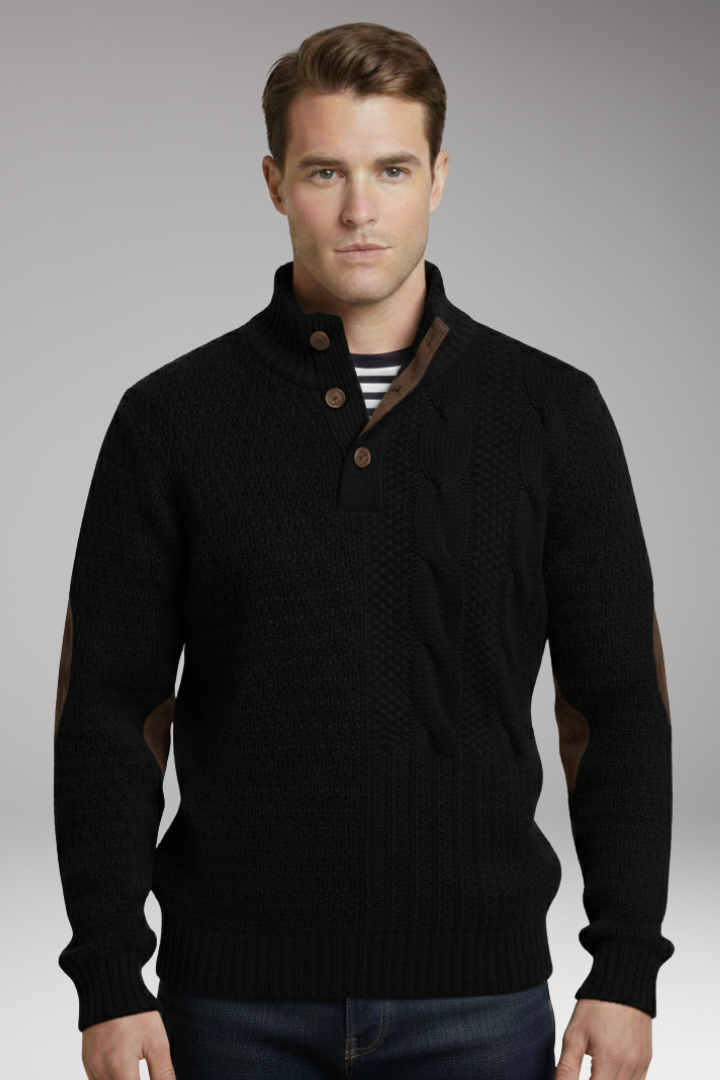 Men’s Jumper with Buttoned Neckline and Elbow Patches