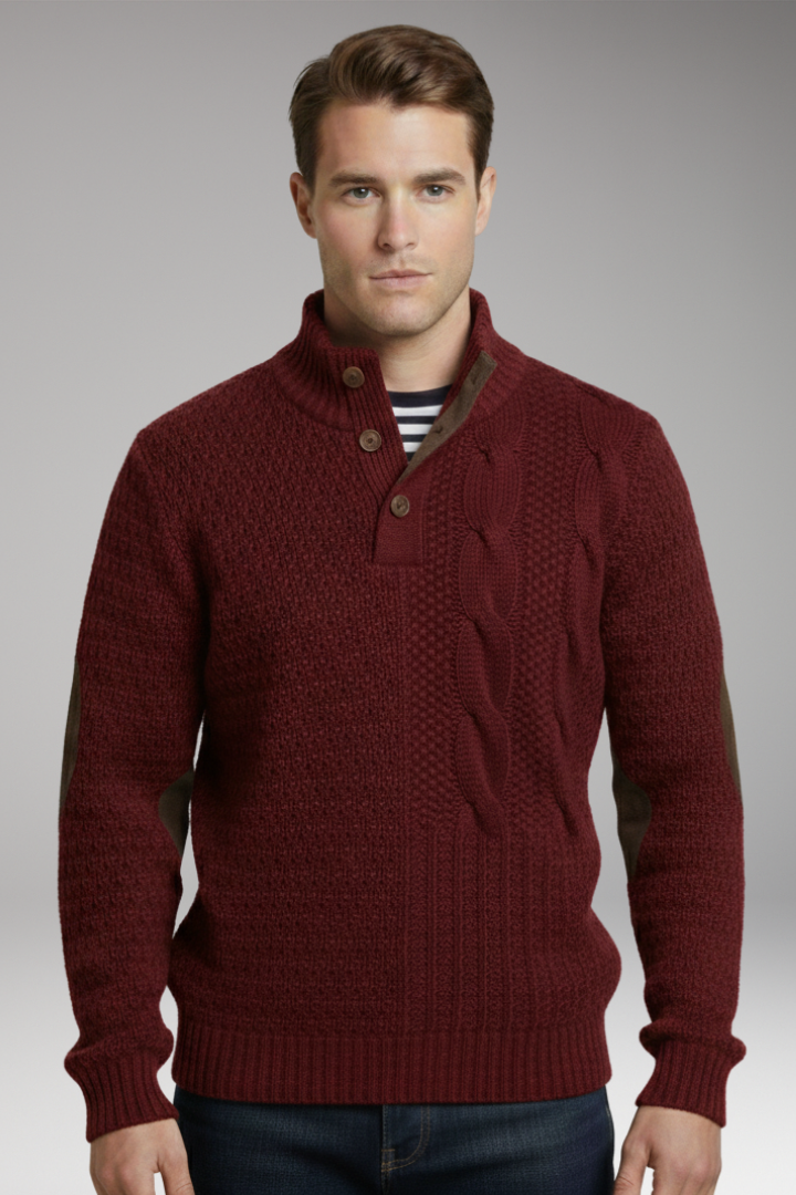 Men’s Jumper with Buttoned Neckline and Elbow Patches