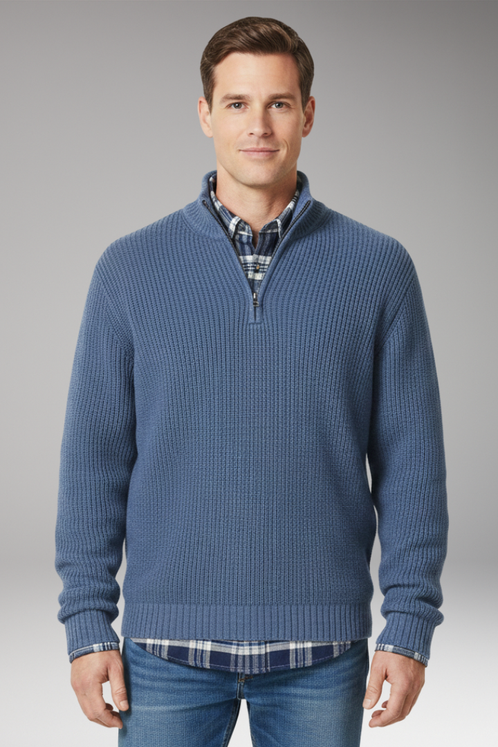 Men’s Jumper with Half-Zip Closure and Stand Collar