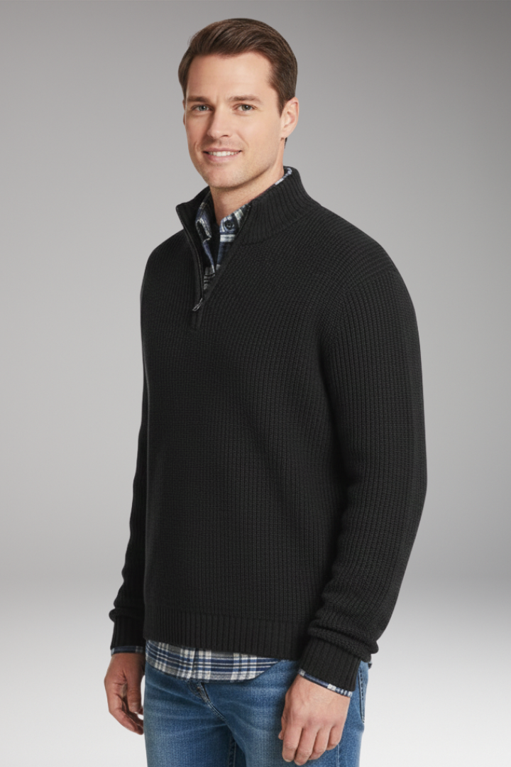 Men’s Jumper with Half-Zip Closure and Stand Collar