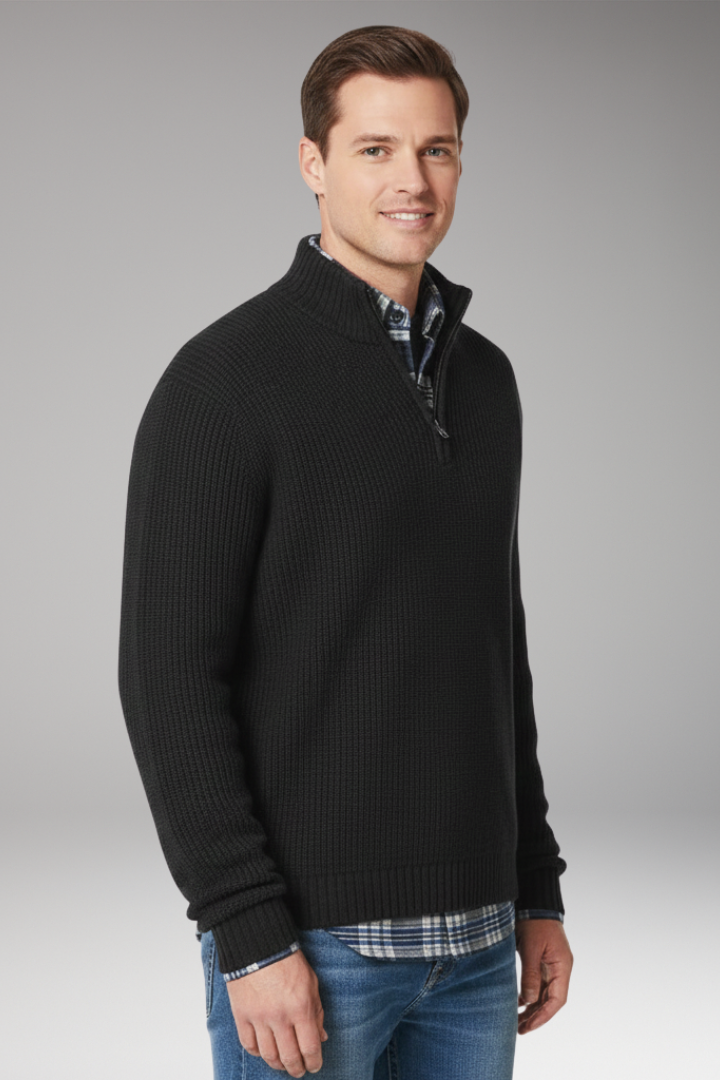 Men’s Jumper with Half-Zip Closure and Stand Collar