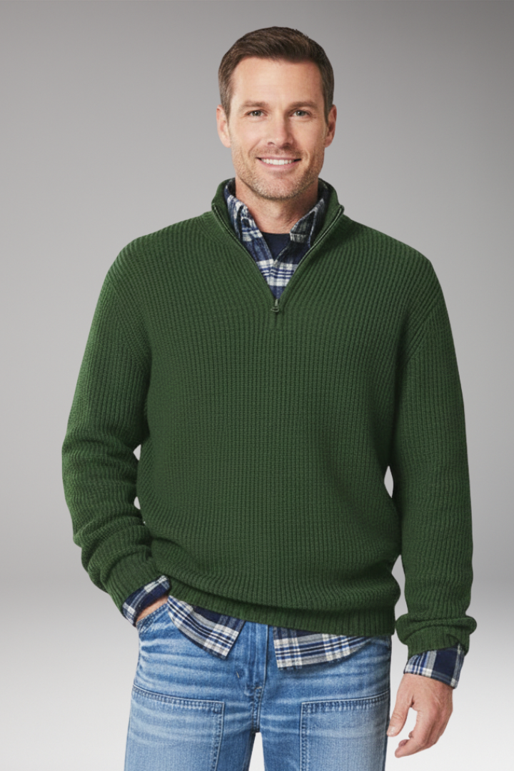 Men’s Jumper with Half-Zip Closure and Stand Collar
