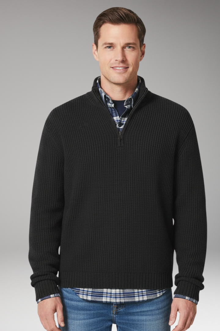 Men’s Jumper with Half-Zip Closure and Stand Collar